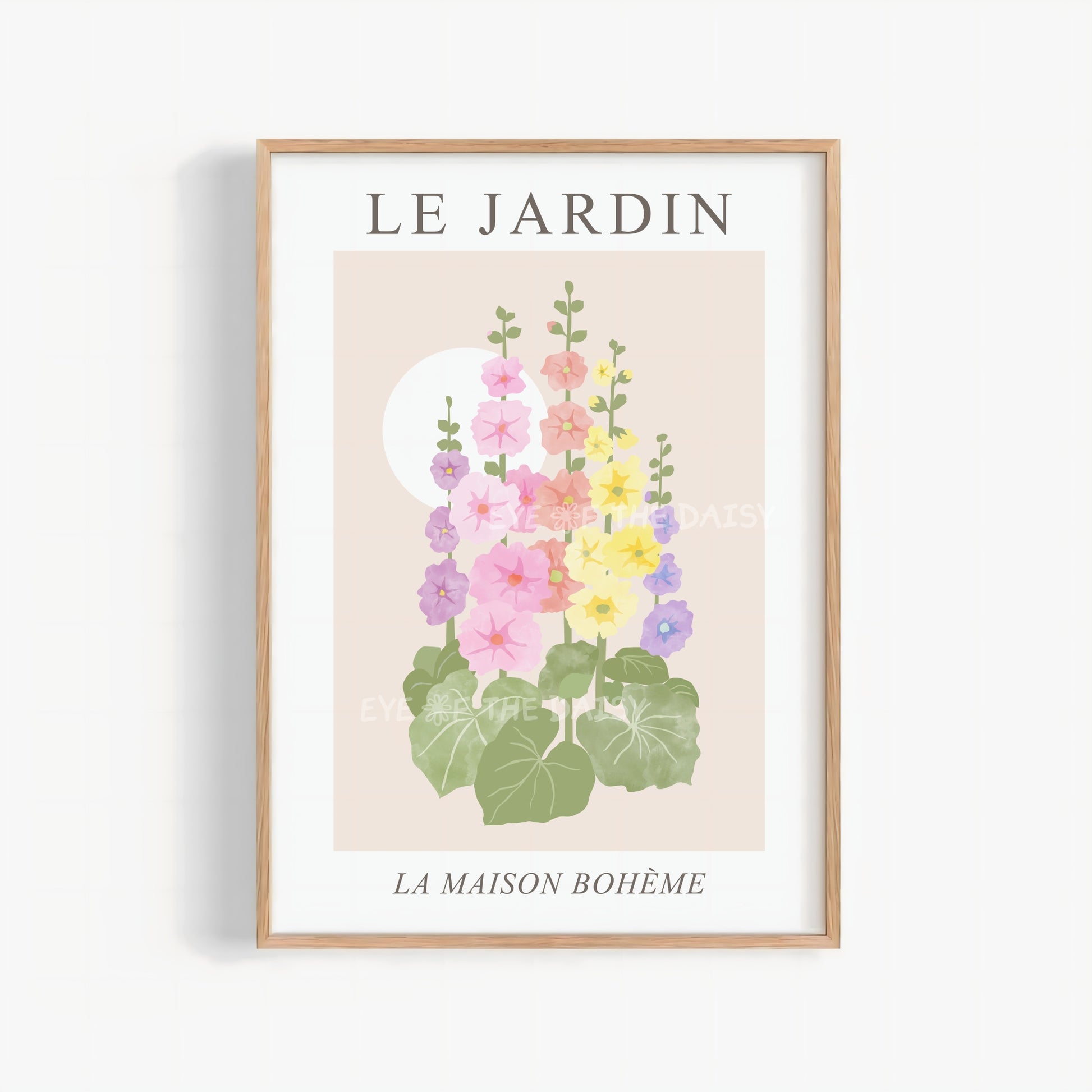 Le Jardin pastel floral poster printable — Hollyhock flower digital download, perfect DIY wall decor for modern Scand living rooms