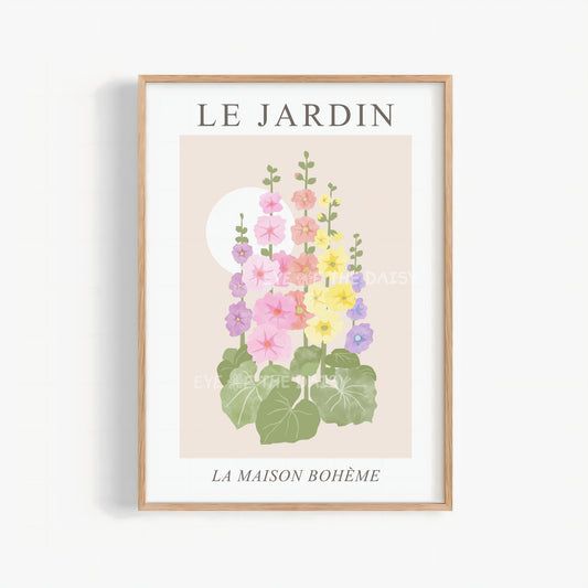 Le Jardin pastel floral poster printable — Hollyhock flower digital download, perfect DIY wall decor for modern Scand living rooms