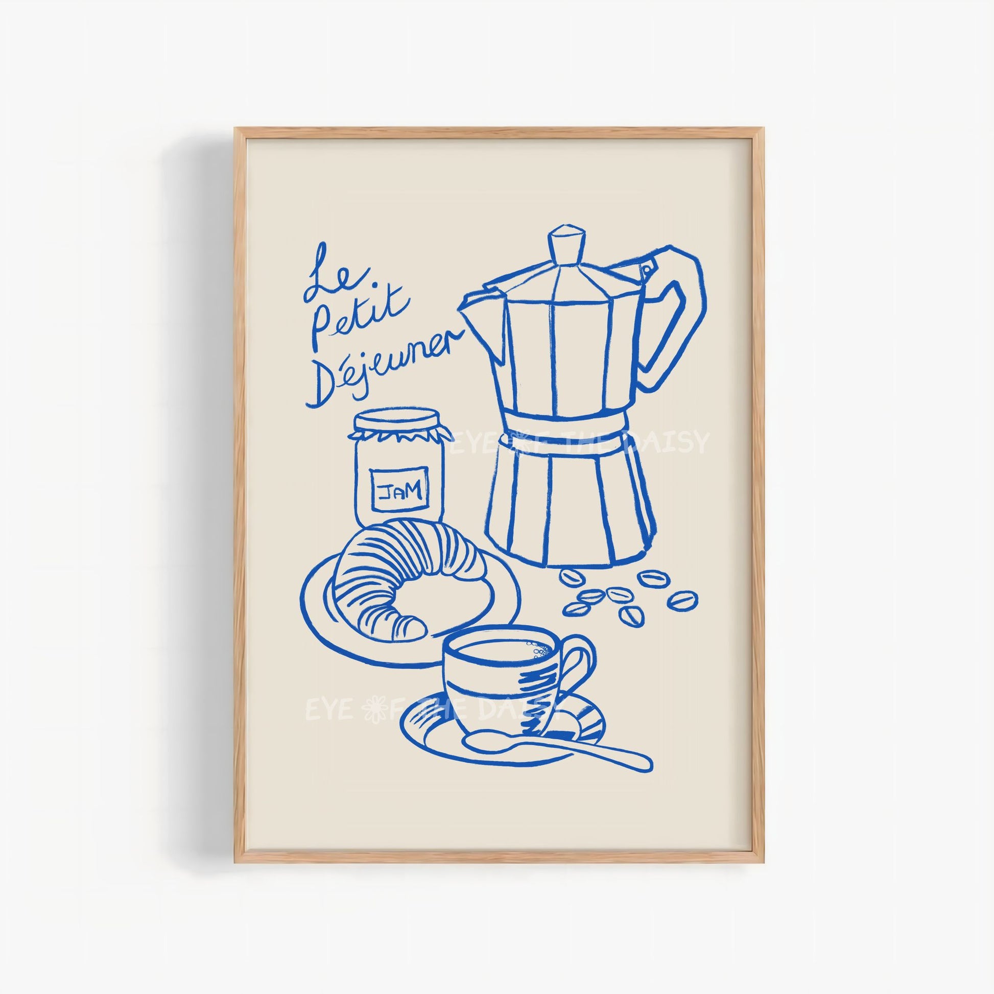 Printable wall art print of a breakfast coffee-themed "Le Petit Dejeuner" hand drawn illustration with a blue Moka pot, coffee cup, and croissant on beige