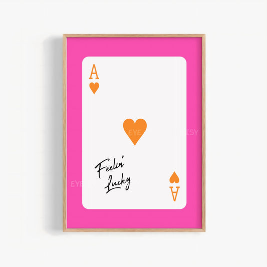 Trendy "Feeling Lucky" ace of hearts playing card print in hot pink and orange, great for girly dorm or college room decor