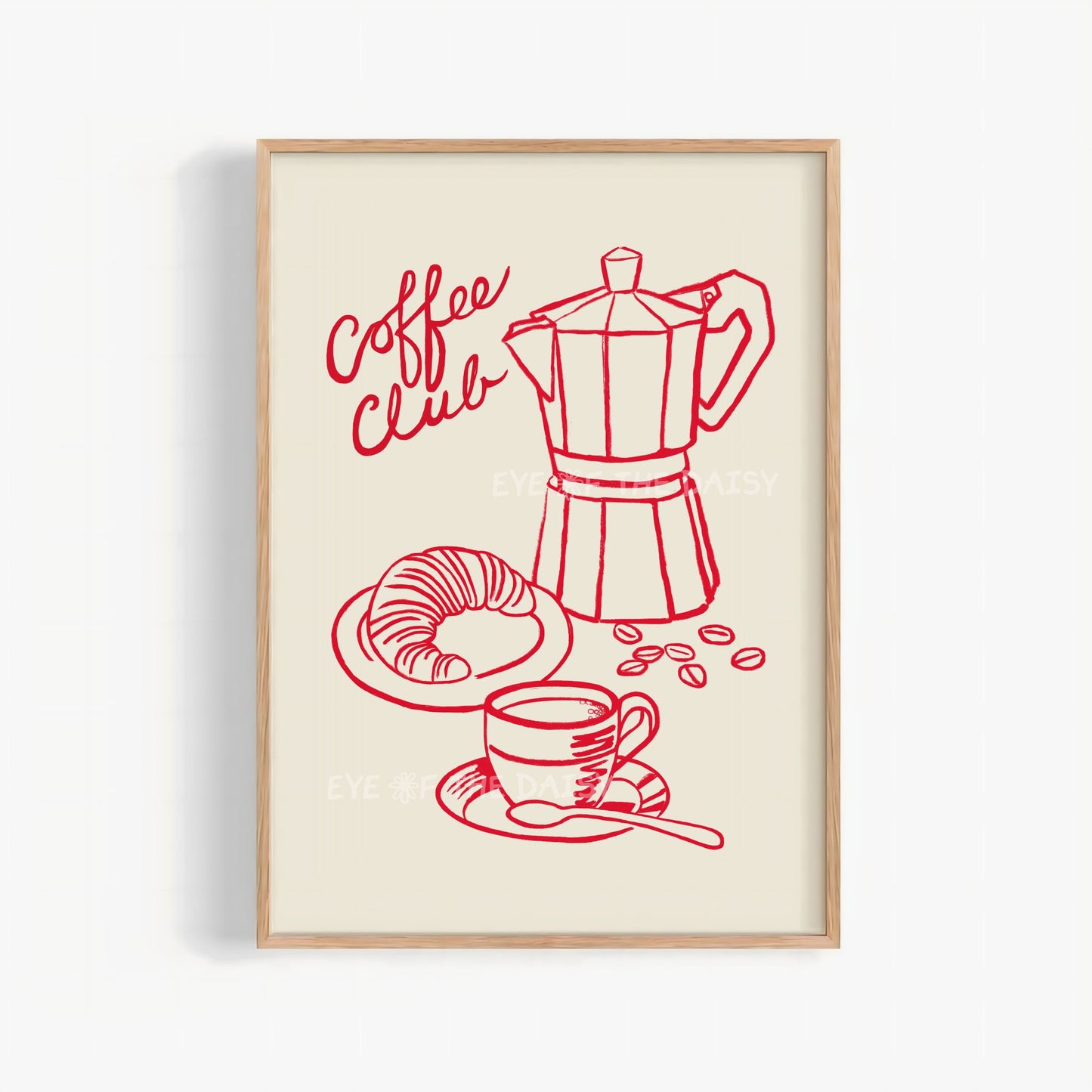 Modern "Coffee Club" printable wall art print showing a red hand drawn sketch of a coffee pot, croissant and coffee cup on beige