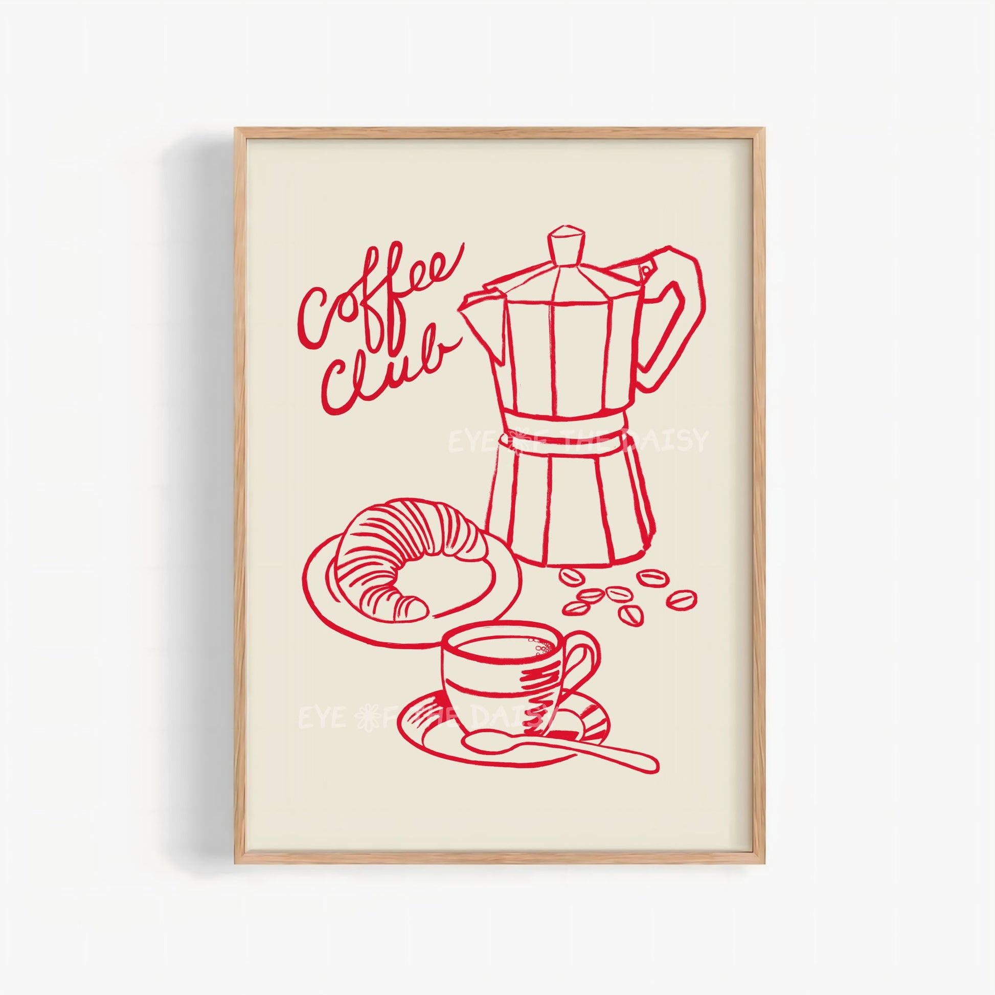Modern "Coffee Club" printable wall art print showing a red hand drawn sketch of a coffee pot, croissant and coffee cup on beige