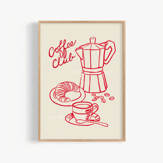 Modern "Coffee Club" printable wall art print showing a red hand drawn sketch of a coffee pot, croissant and coffee cup on beige