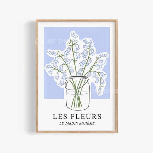 modern bluebell exhibition poster printable, minimalist floral wall art with vase illustration
