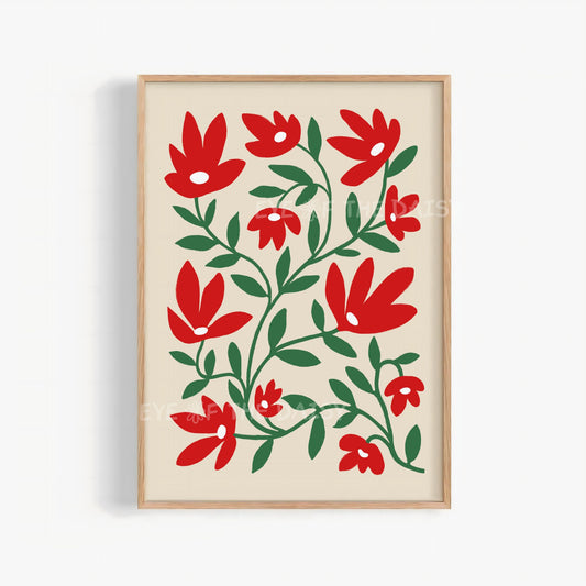 Red Abstract Flowers Printable Wall Art | Vibrant Botanical Print Digital Download | Scandi Floral Print