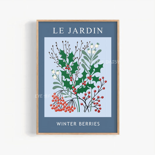 Navy Blue Winter Berries Print Digital Download | Vintage Winter Botanical Printable Wall Art