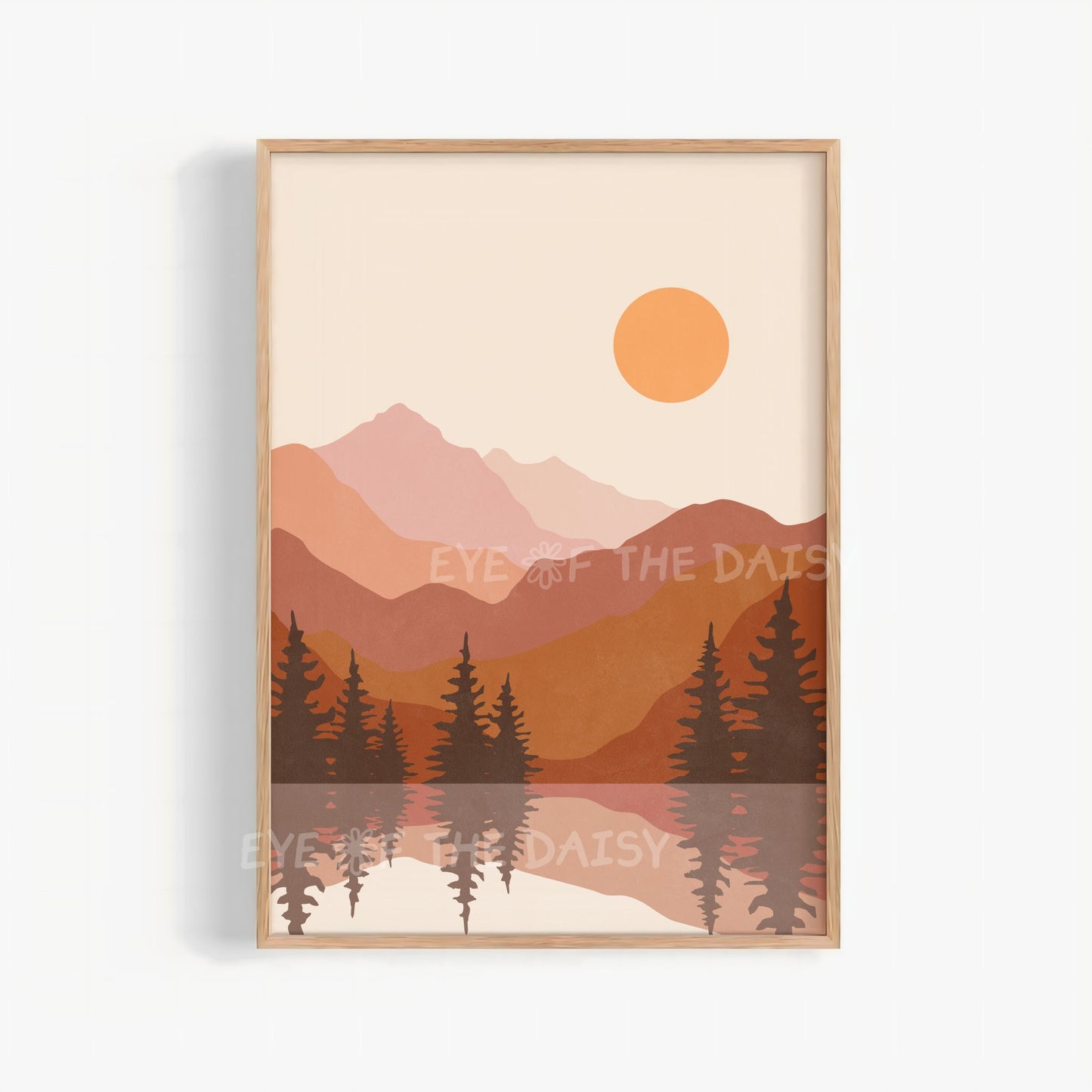 Terracotta lake landscape printable wall art, earth tone rust boho mountain trees print