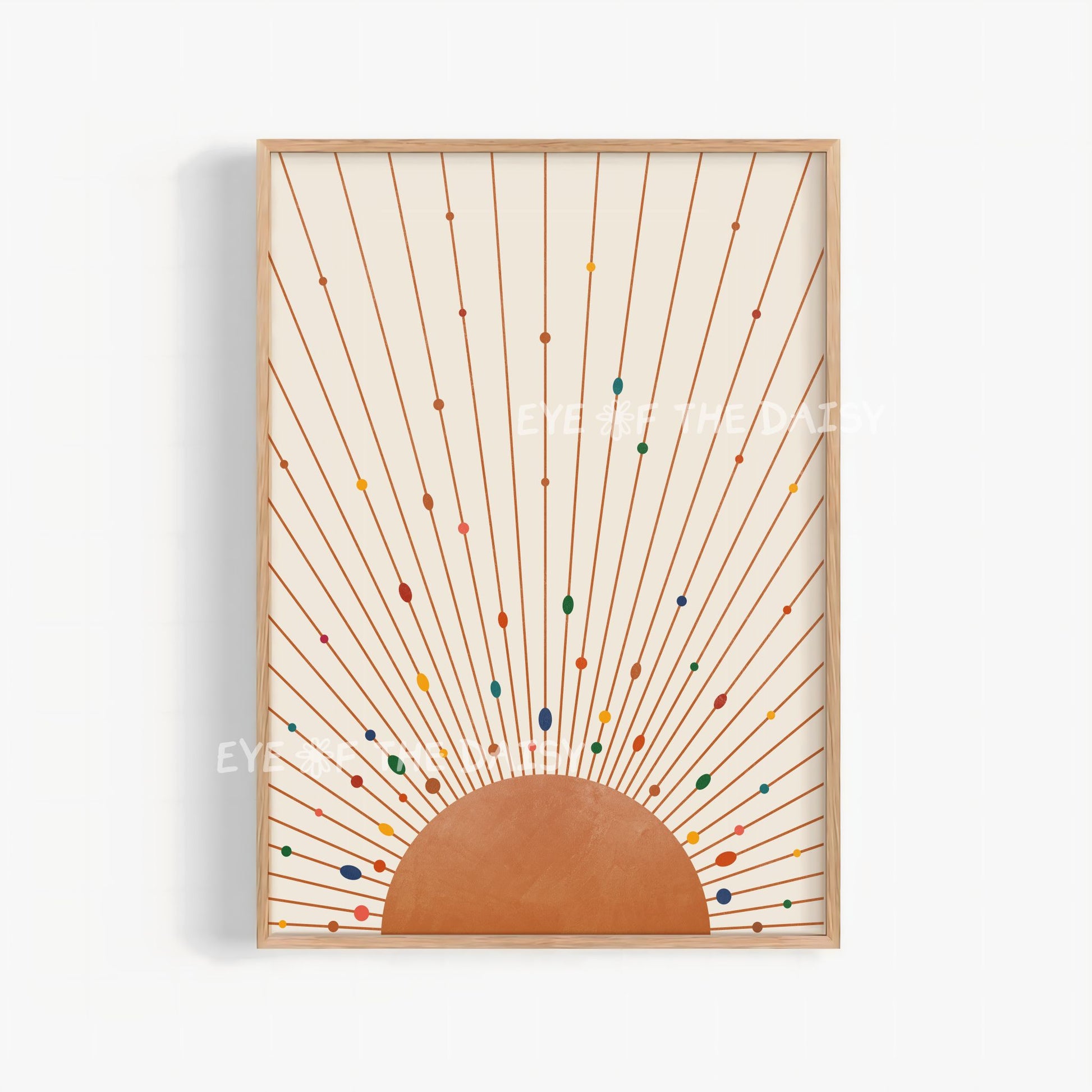 Terracotta sunburst print, mid century modern wall art for trendy boho apartment decor