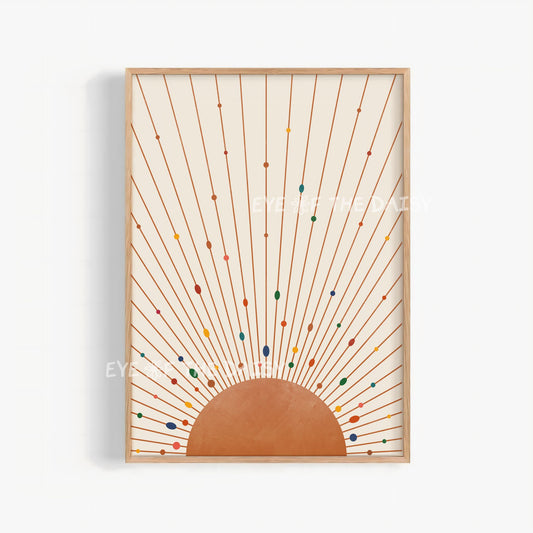 Terracotta sunburst print, mid century modern wall art for trendy boho apartment decor