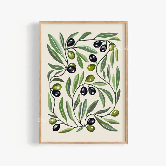 Olive tree art print – abstract botanical digital download with winding green leaves on beige, modern printable wall art for summer