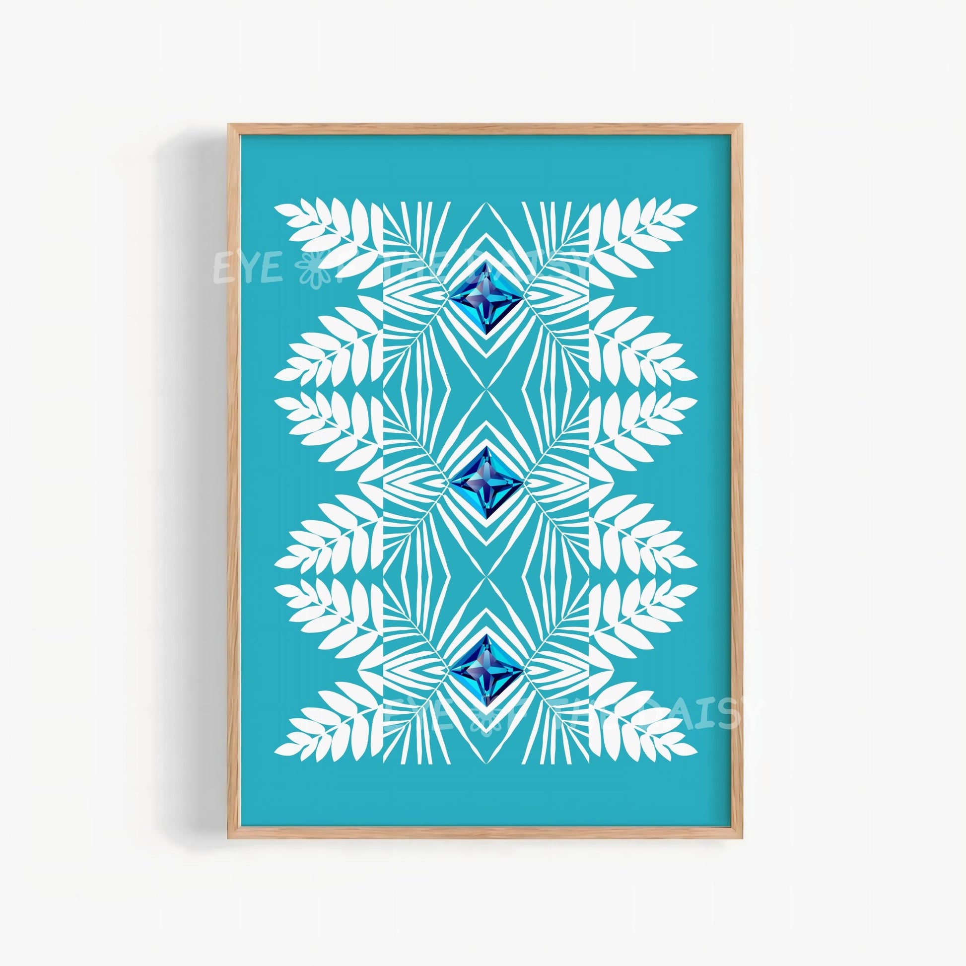 turquoise tribal botanical print digital download, vibrant boho wall art for modern apartment decor