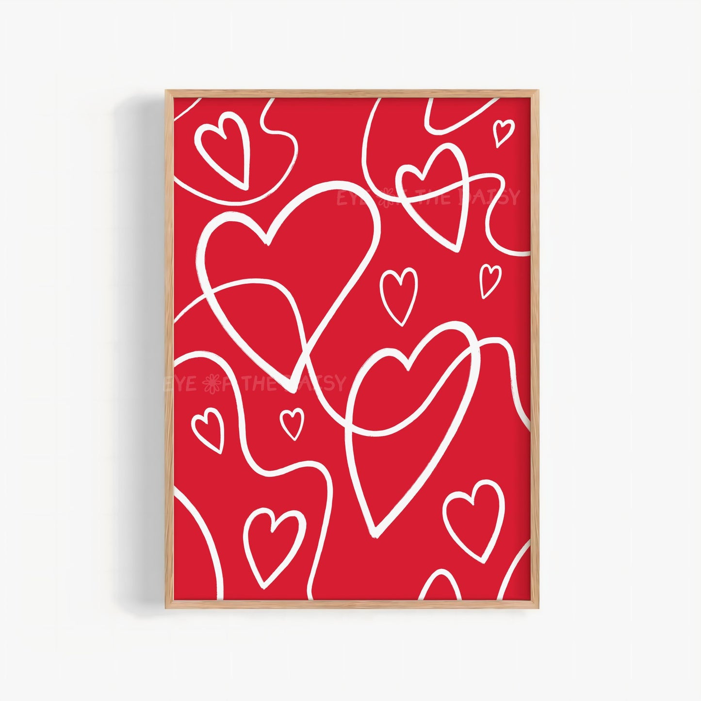 White line art hearts printable wall art on red, trendy and eclectic print digital download for dorm rooms