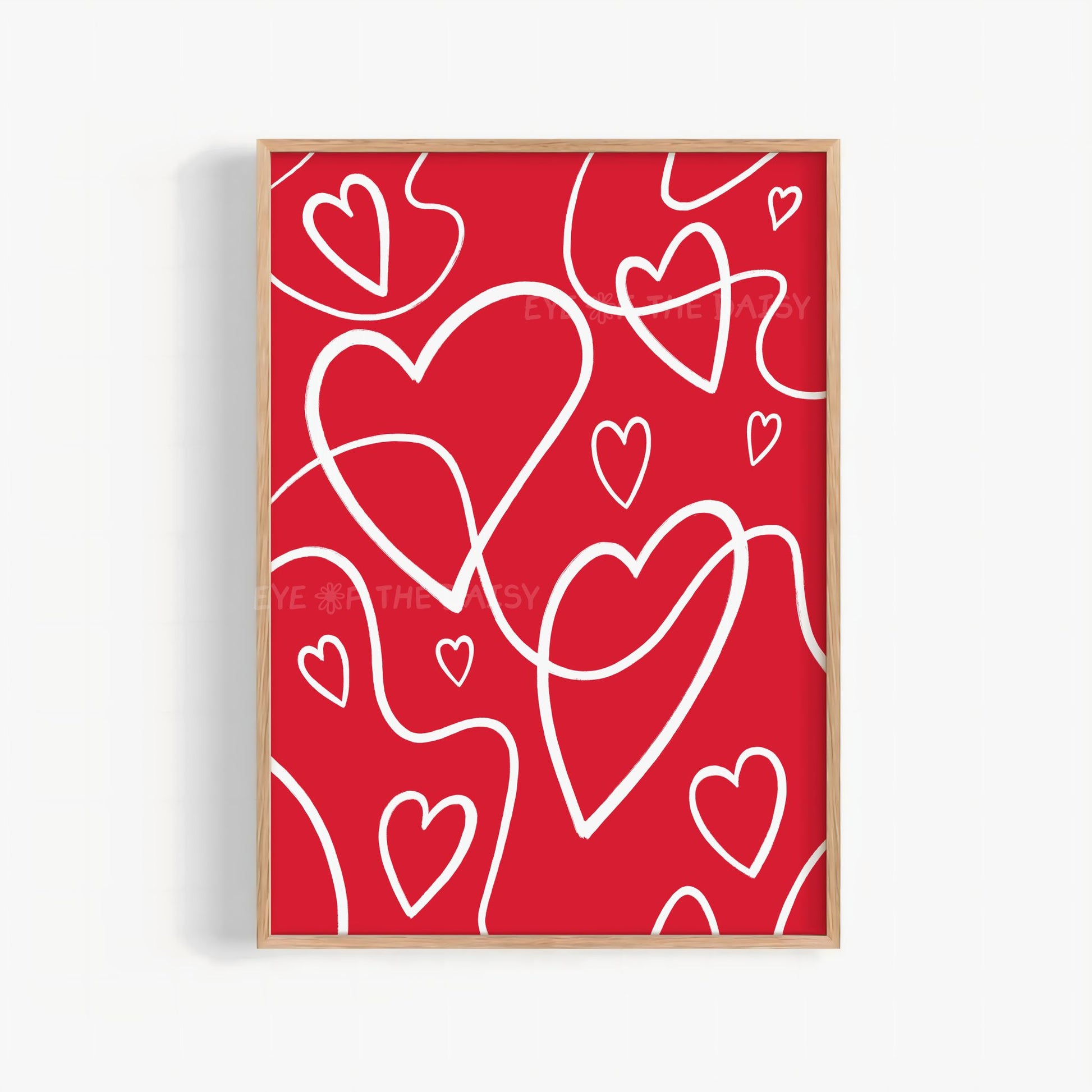 White line art hearts printable wall art on red, trendy and eclectic print digital download for dorm rooms