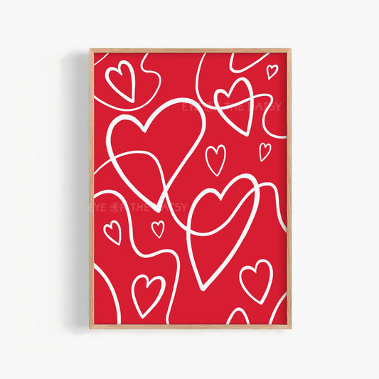 White line art hearts printable wall art on red, trendy and eclectic print digital download for dorm rooms