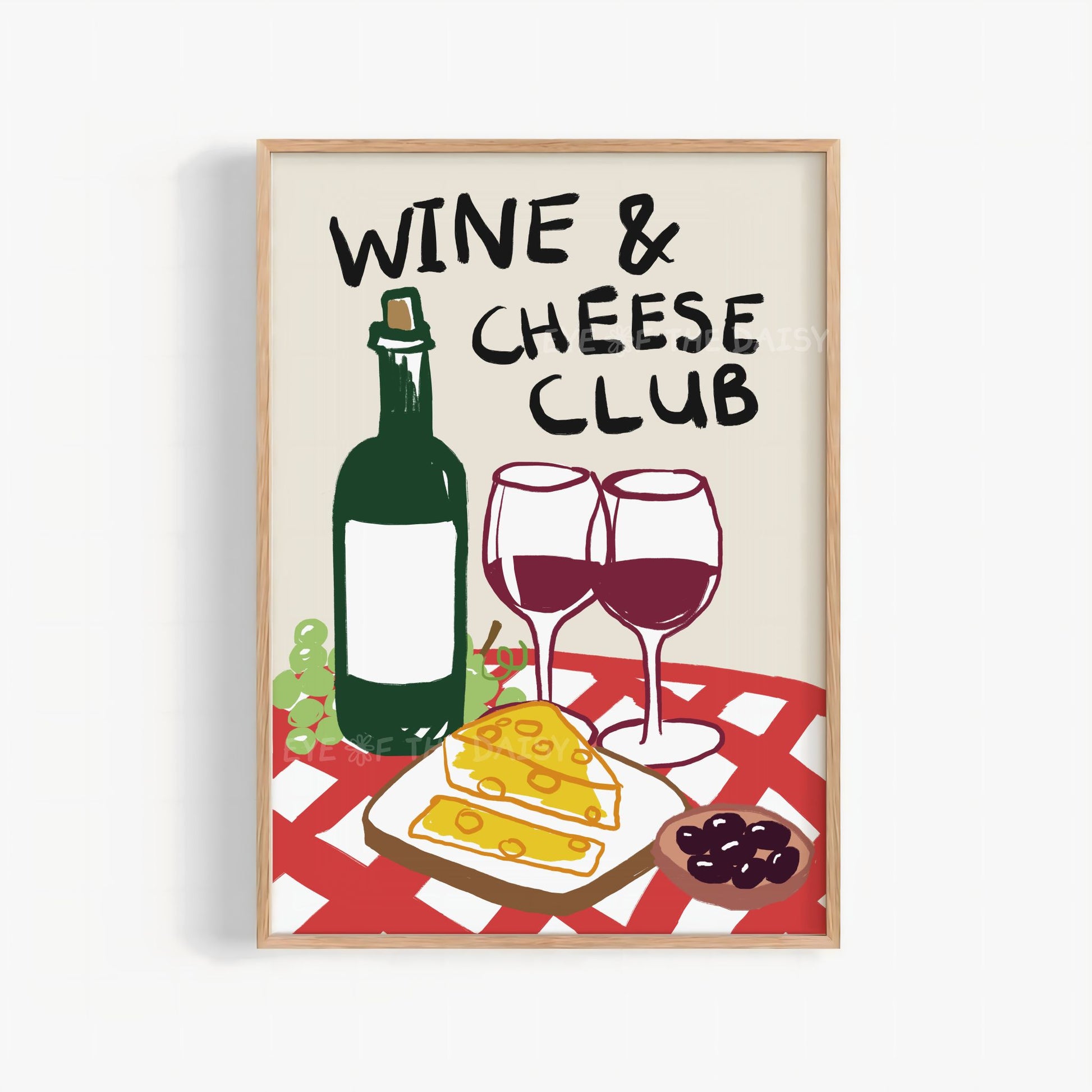 Wine & Cheese Club print – colorful hand-drawn sketch of wine and cheese, digital download, perfect printable wall art for kitchens