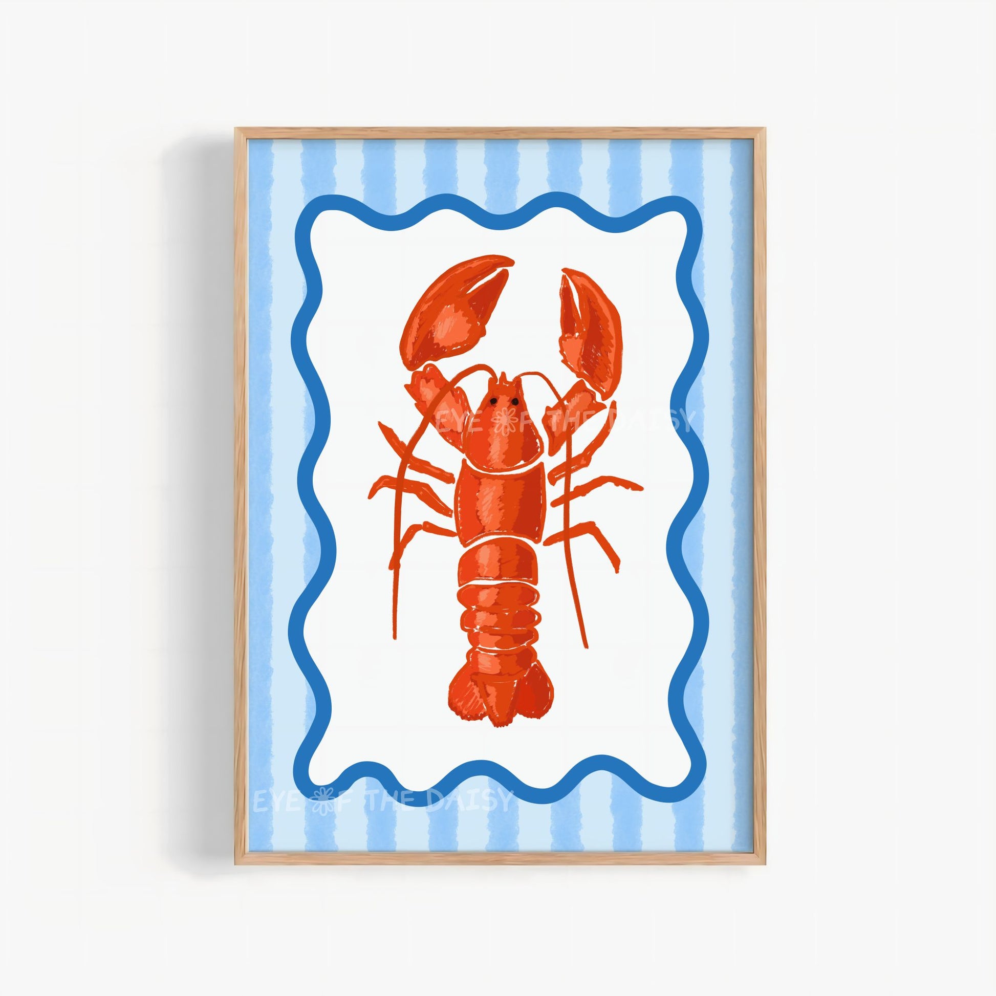 Trendy hand drawn lobster printable wall art print with wavy blue striped border – fun beach house or coastal dopamine decor