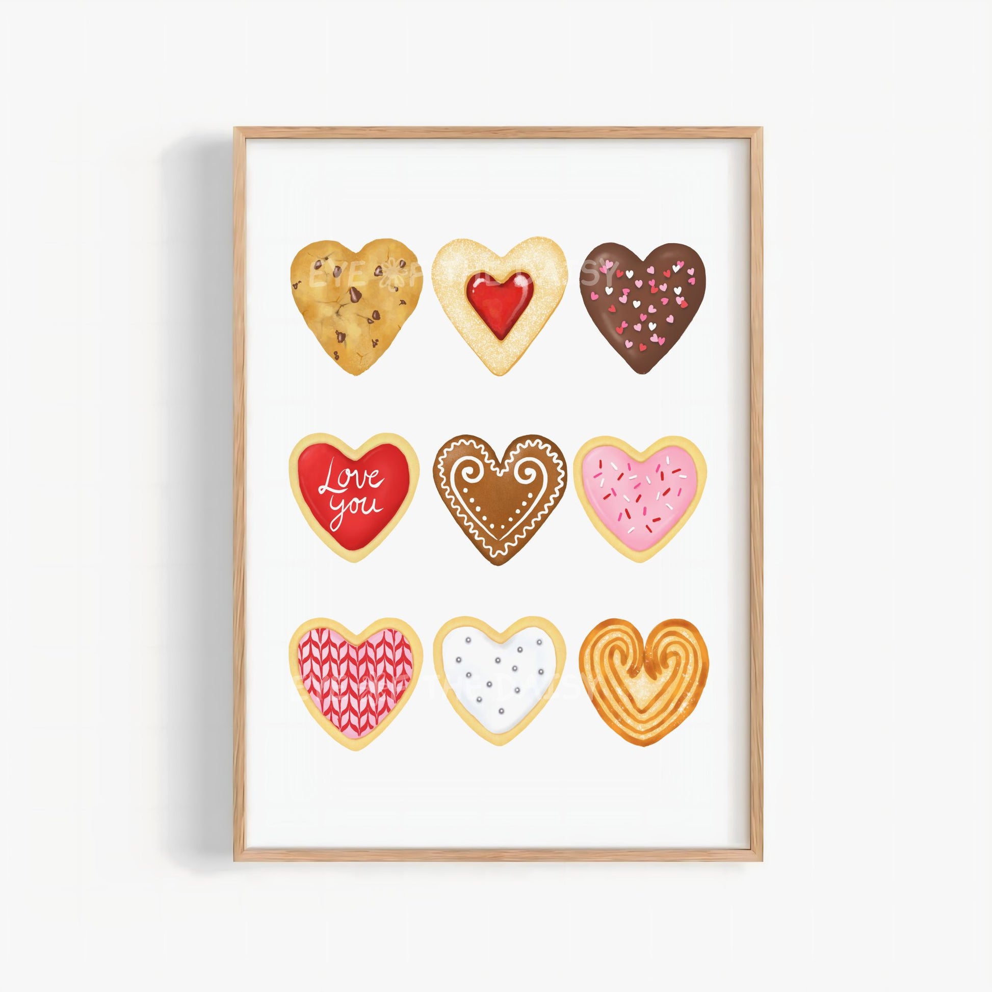 Heart shaped cookies printable wall art with chocolate chip and patterned designs, cute kitchen poster for Valentine’s Day