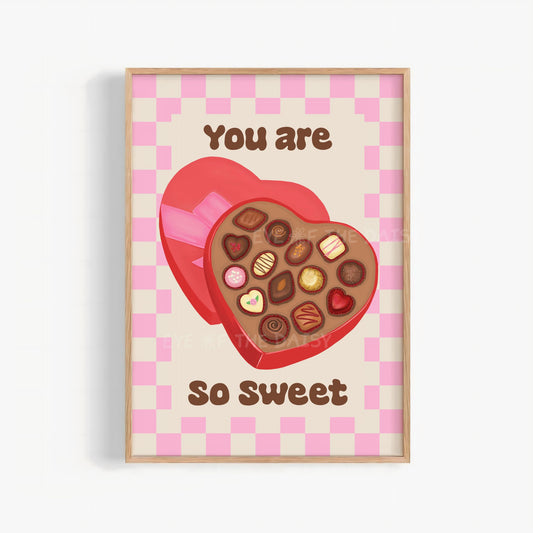 Heart chocolate box printable wall art with cute typography, retro Valentine’s Day poster for kitchen or bedroom decor