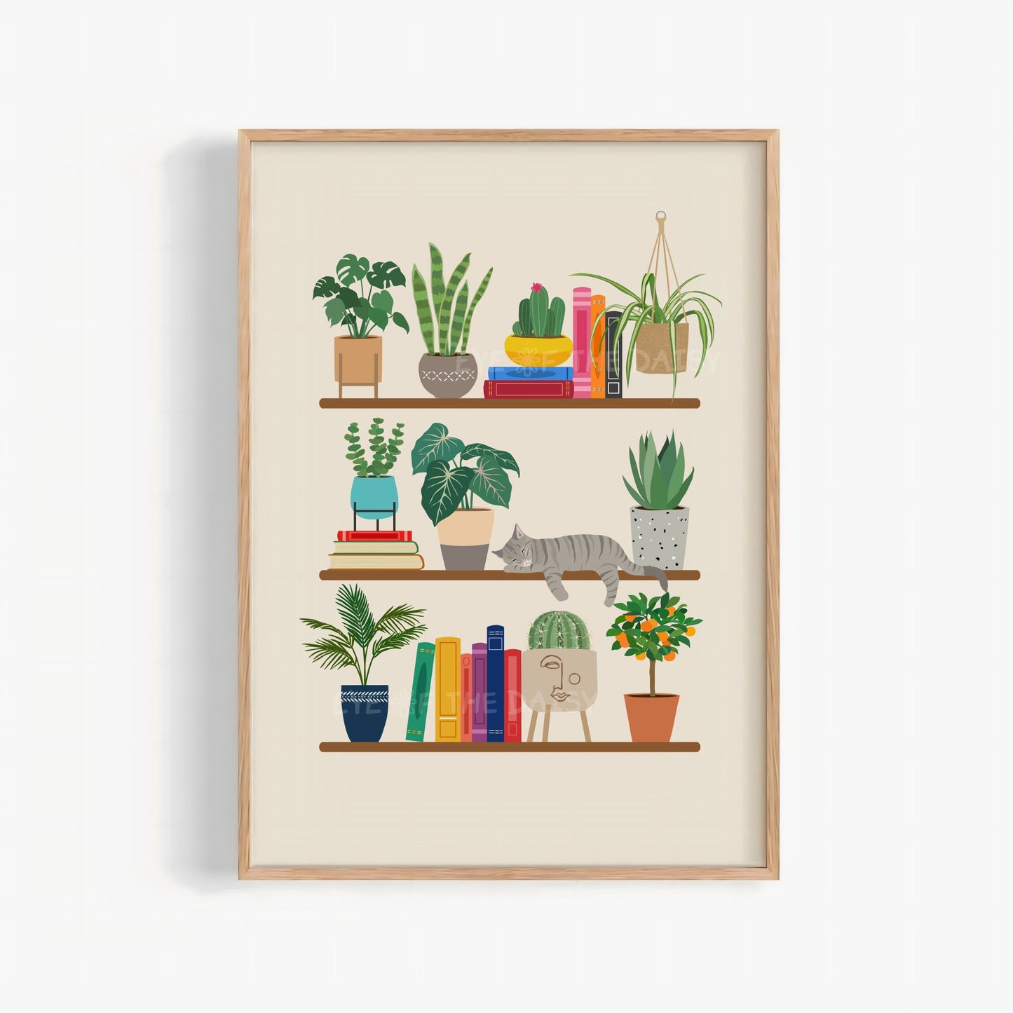 Sleeping tabby cat print – digital download of whimsical shelf art with books and plants, printable wall poster