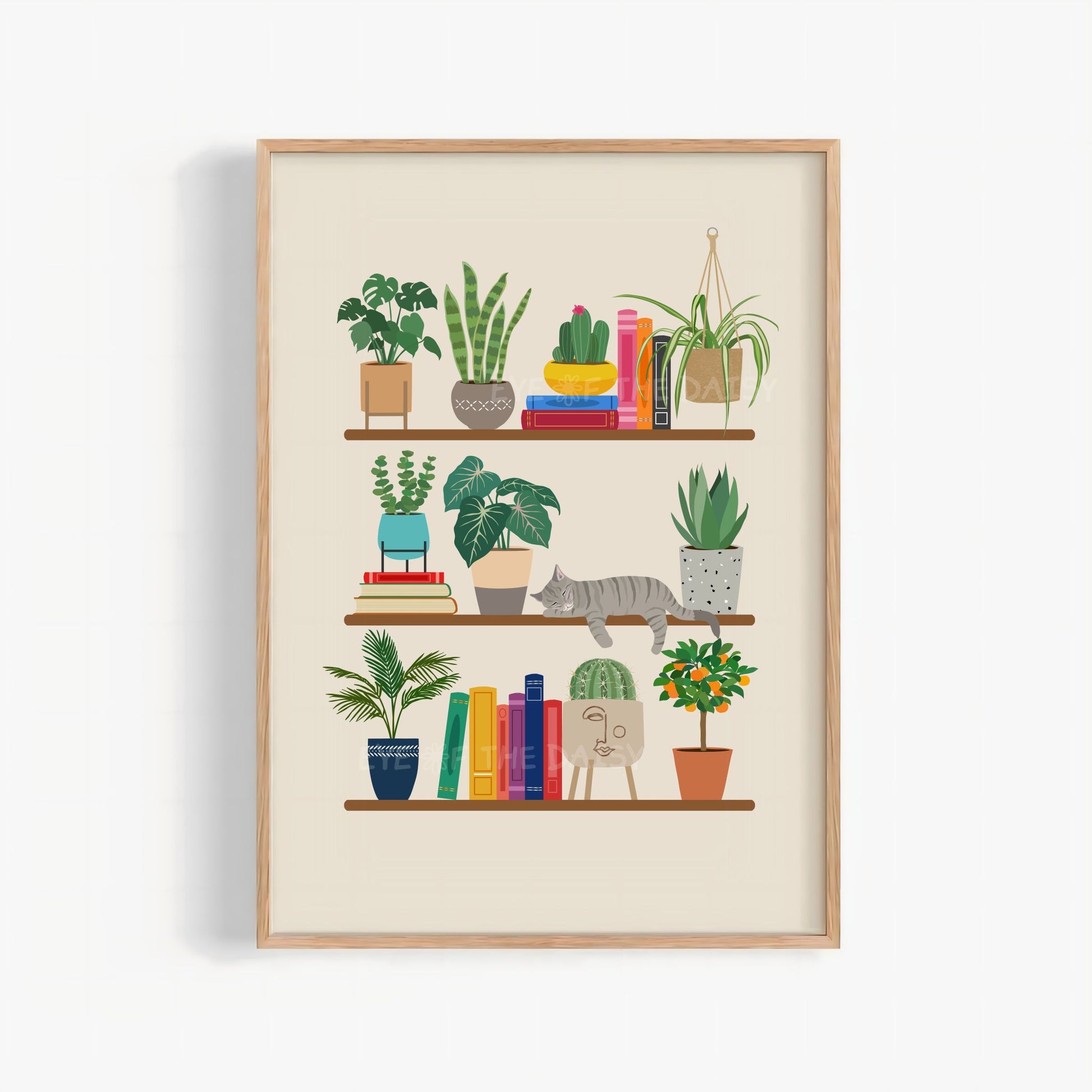 Sleeping tabby cat print – digital download of whimsical shelf art with books and plants, printable wall poster