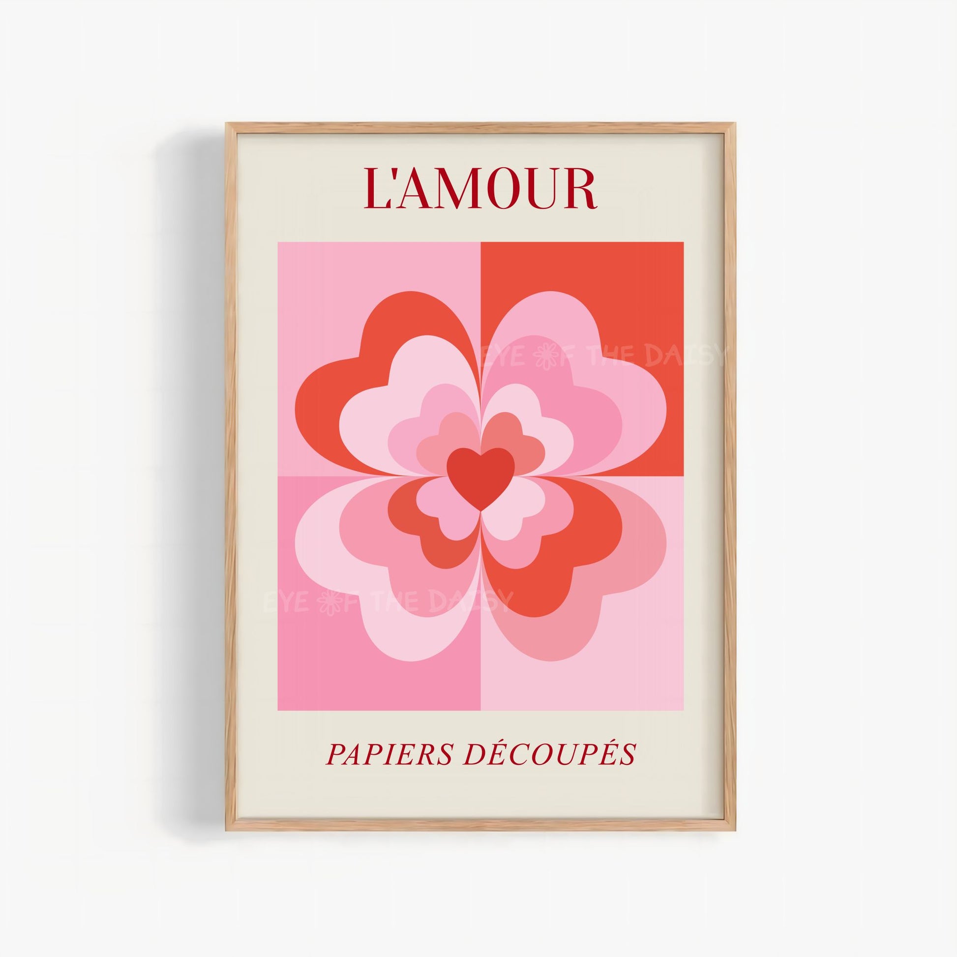 Retro red & pink exhibition poster, high-resolution geometric hearts and flowers printable wall art for Valentine’s Day