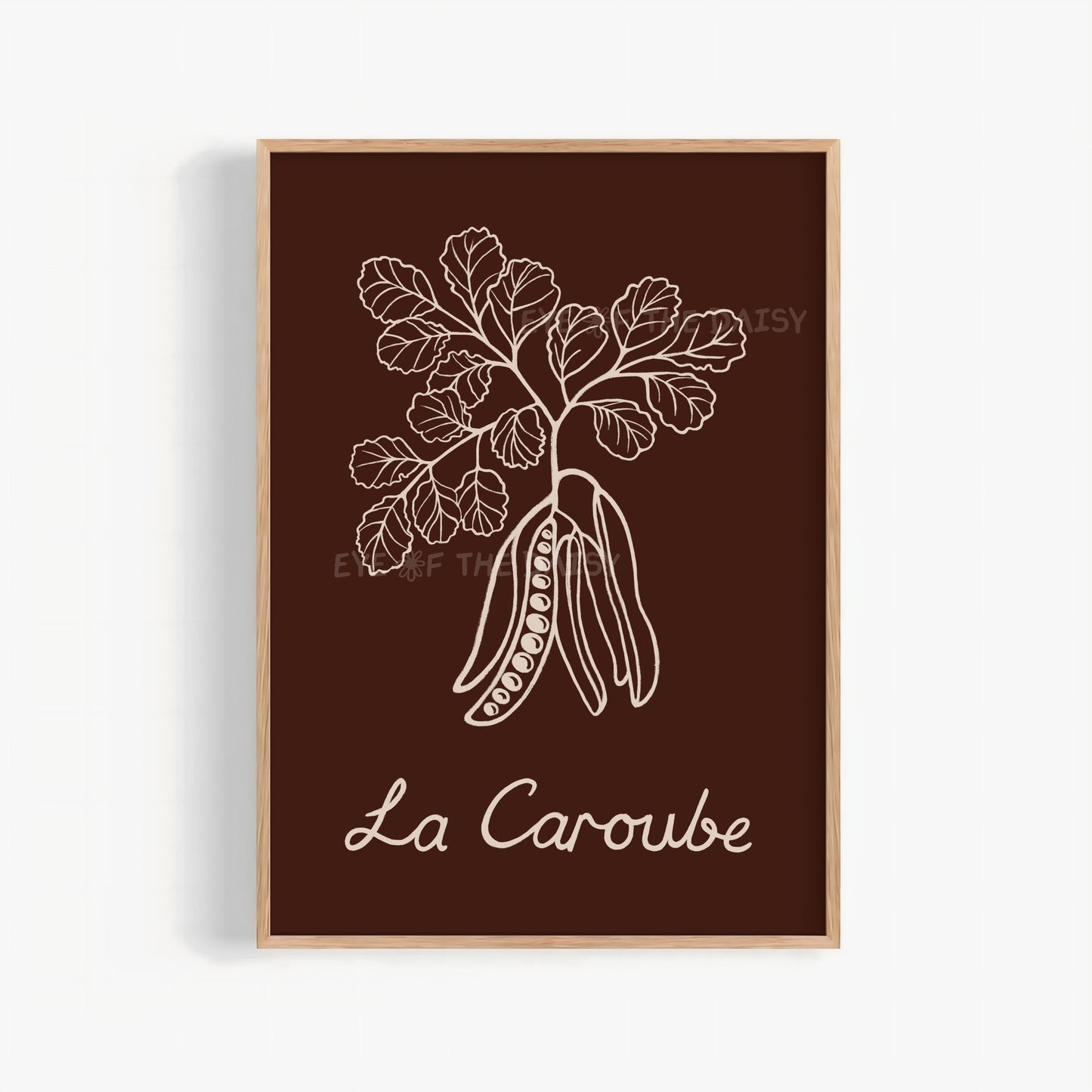 Hand drawn carob plant printable wall art on dark brown background for rustic boho kitchens