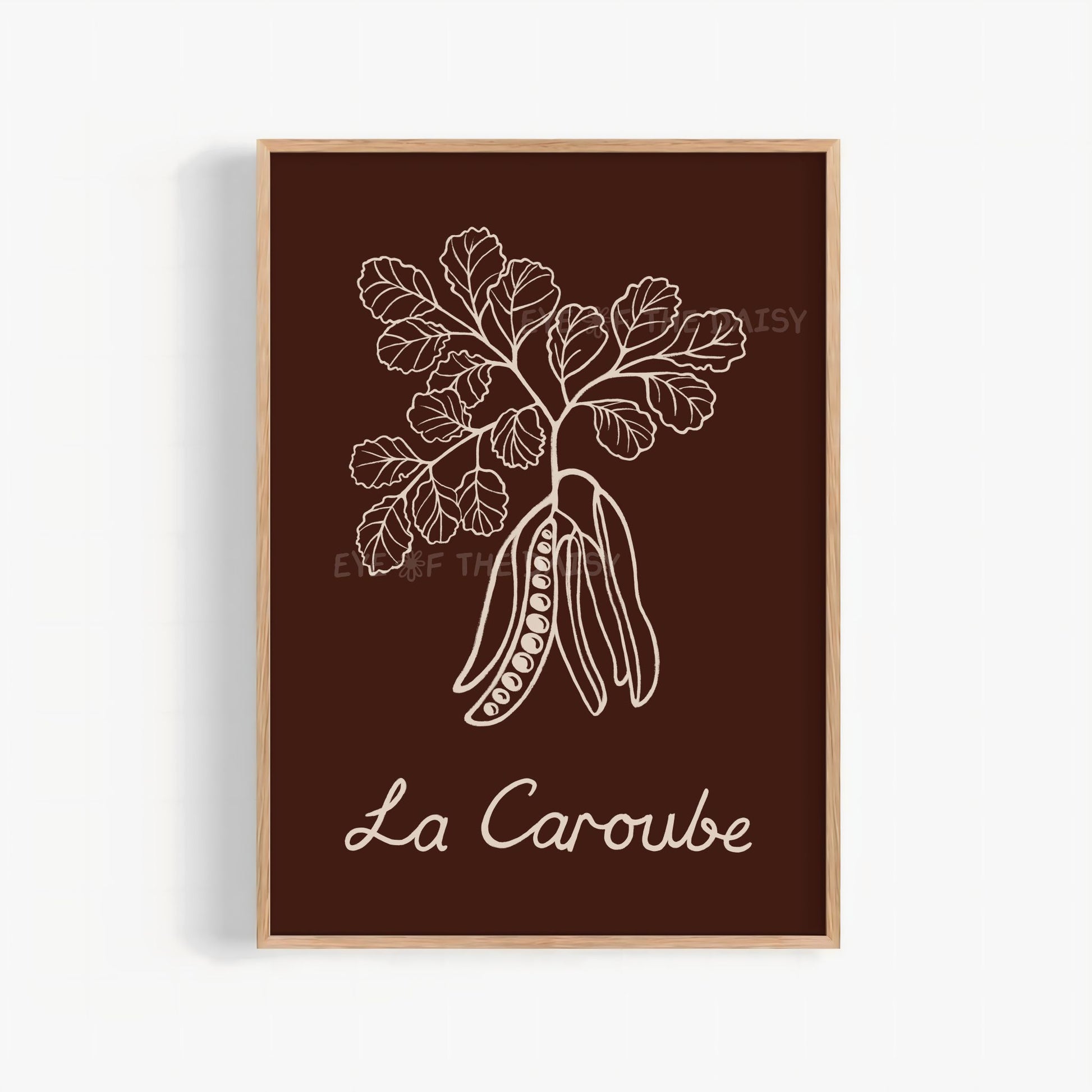 Hand drawn carob plant printable wall art on dark brown background for rustic boho kitchens