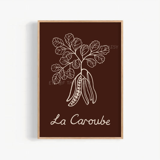 Hand drawn carob plant printable wall art on dark brown background for rustic boho kitchens