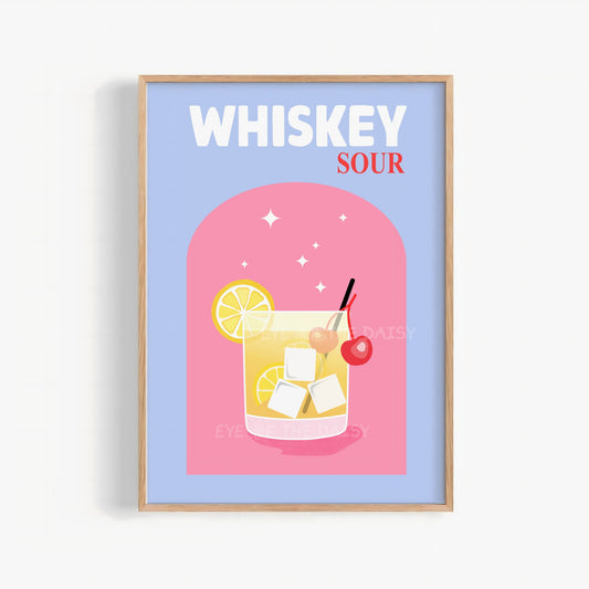 Whiskey Sour cocktail print in pink and blue, fun retro-style drink wall art for trendy dorm or college room bar cart decor
