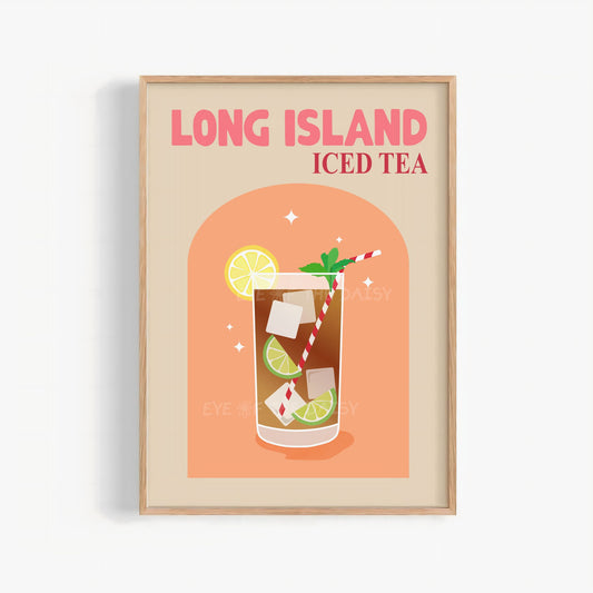 Long Island Iced Tea cocktail print — retro digital download with orange and beige colours, funky drink printable wall art
