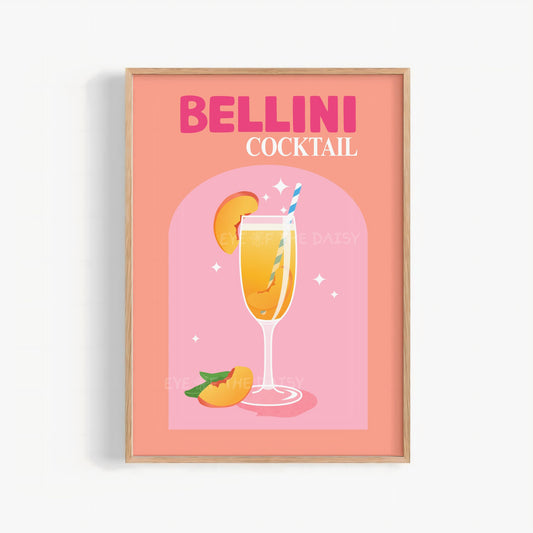 Trendy Bellini cocktail print – retro printable poster, vibrant downloadable art for cocktail party, event signage, bar cart, or brunch nook