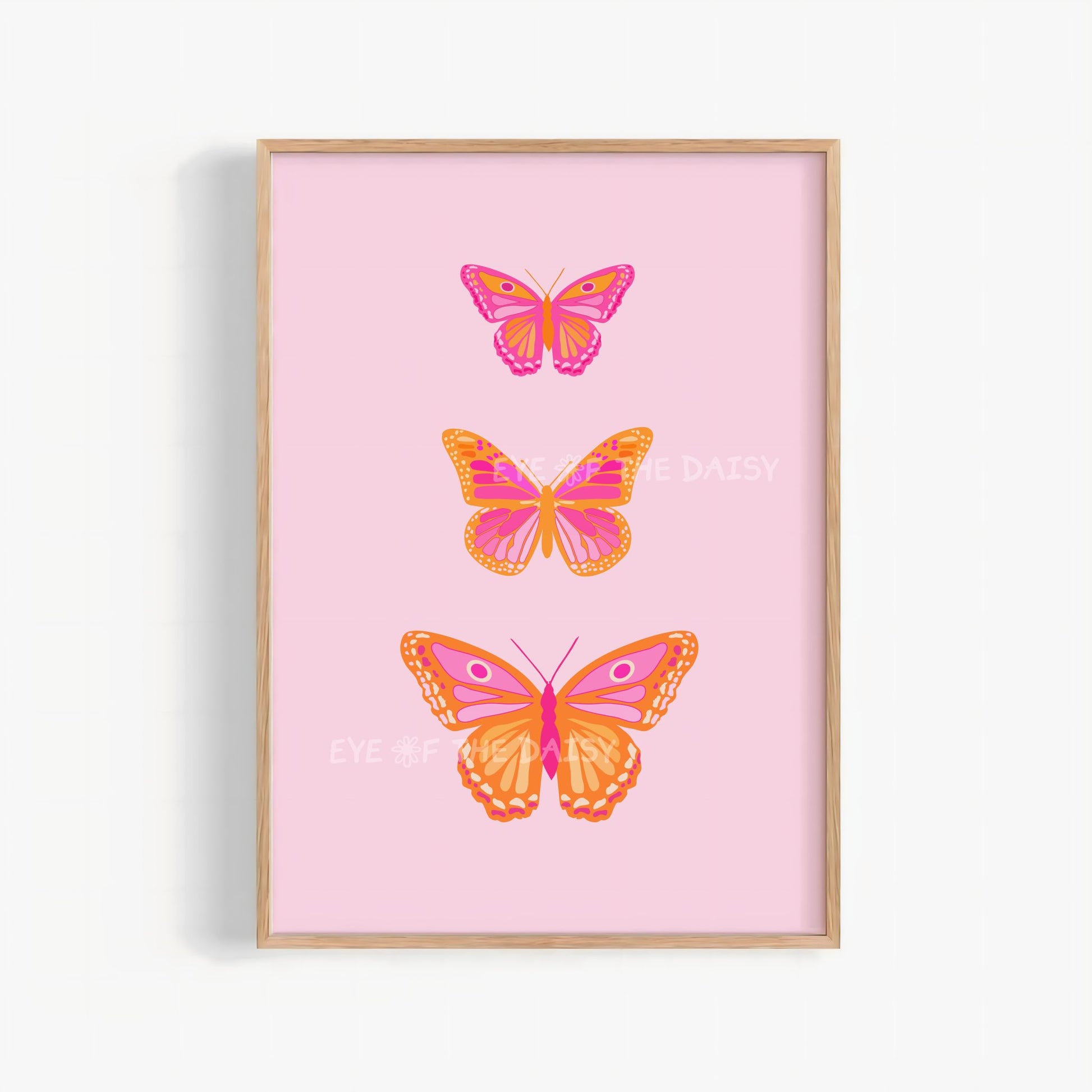 Vibrant butterfly print in warm tones, retro boho nursery wall art download for whimsical toddler girl bedroom or playroom decor