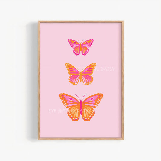 Vibrant butterfly print in warm tones, retro boho nursery wall art download for whimsical toddler girl bedroom or playroom decor