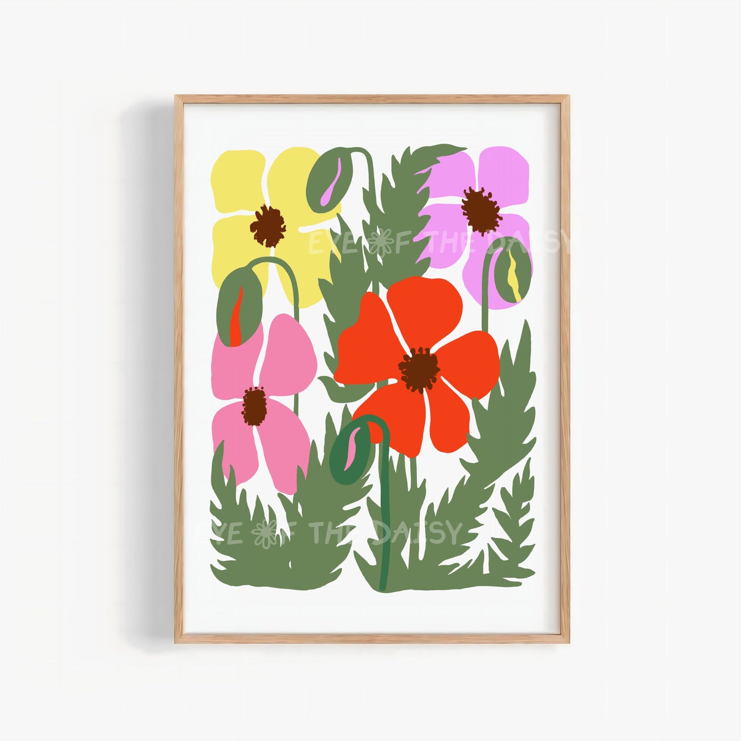Colourful poppies abstract floral print, bright botanical wall art for trendy apartment