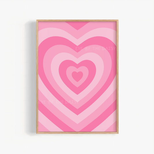 Retro heart printable wall art in hot pink, trendy and Y2K print digital download for dorms or girl's room