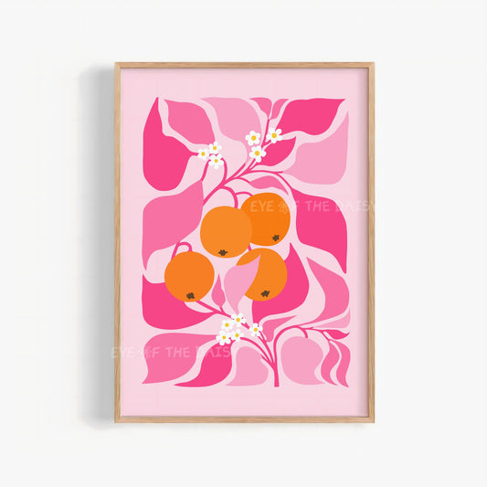 Vibrant orange tree printable wall art in bright pink and orange – stylized abstract botanical orange fruit illustration, great for dopamine decor