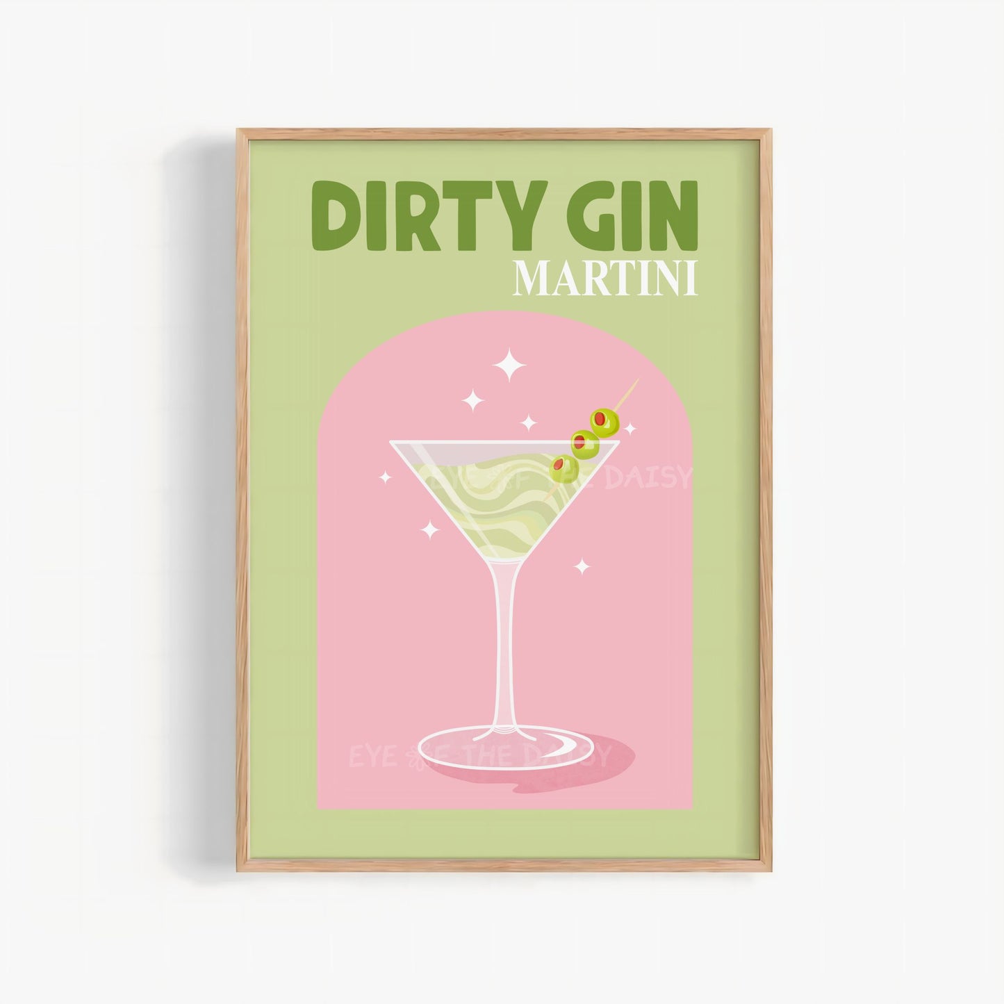 Trendy Dirty Gin Martini cocktail print – pink and sage green retro drink art, digital download printable wall poster