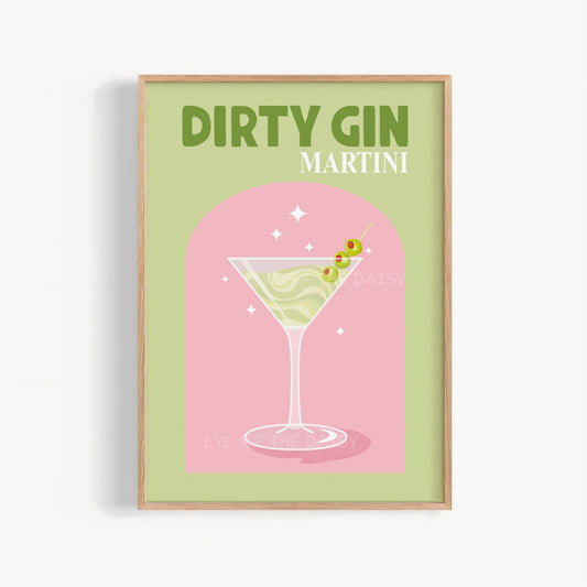Trendy Dirty Gin Martini cocktail print – pink and sage green retro drink art, digital download printable wall poster