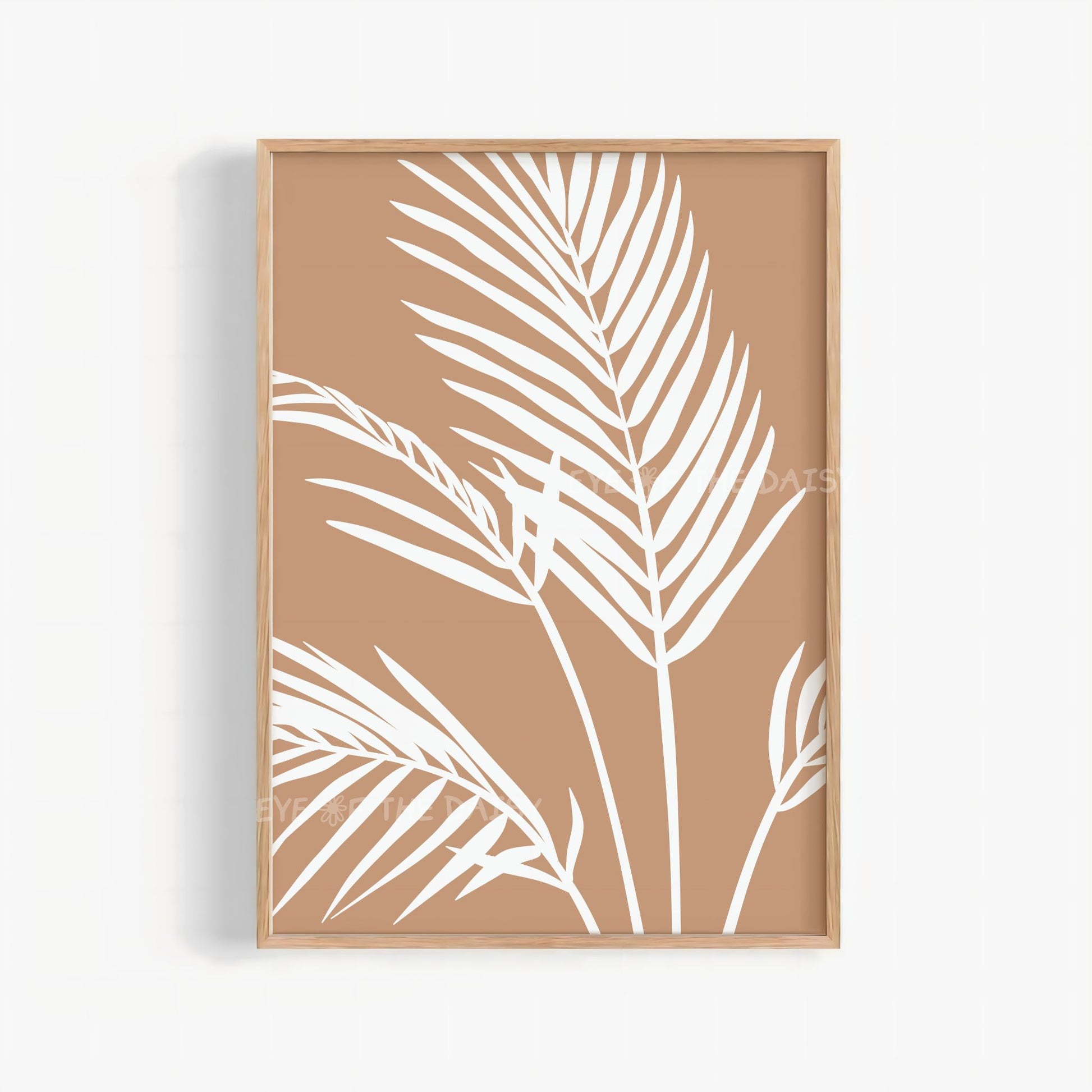 Palm Leaf Wall Art Print, white palm leaves on a beige tan background, abstract tropical printable wall art