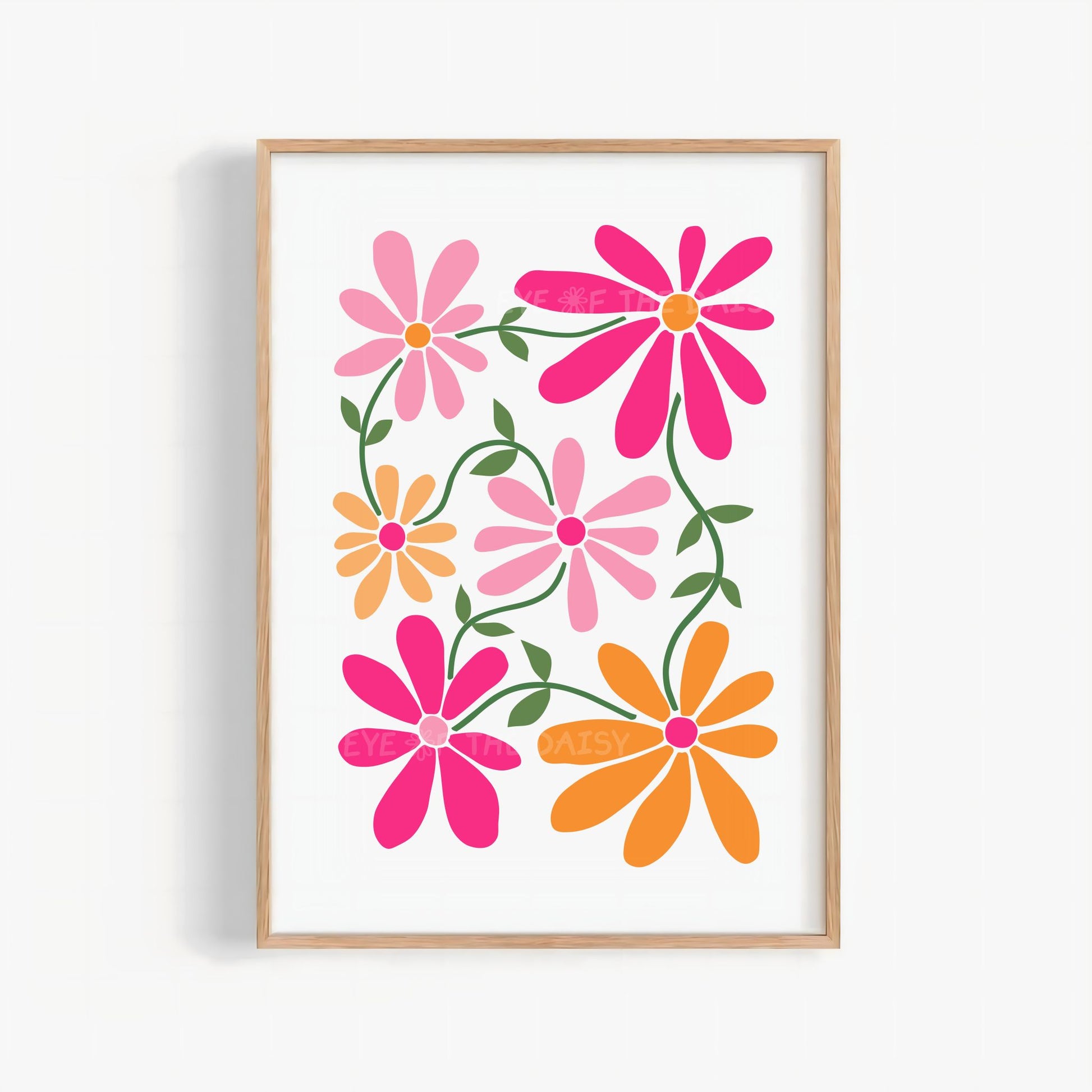 Pink and orange abstract floral print digital download with stylized flower design and intertwining leaves