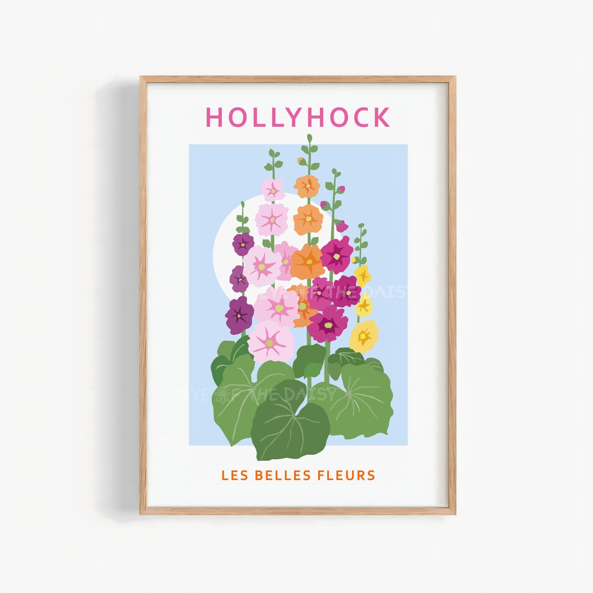 Abstract botanical printable wall art print of colorful Hollyhock flowers with sky blue background – modern Scandi floral exhibition poster