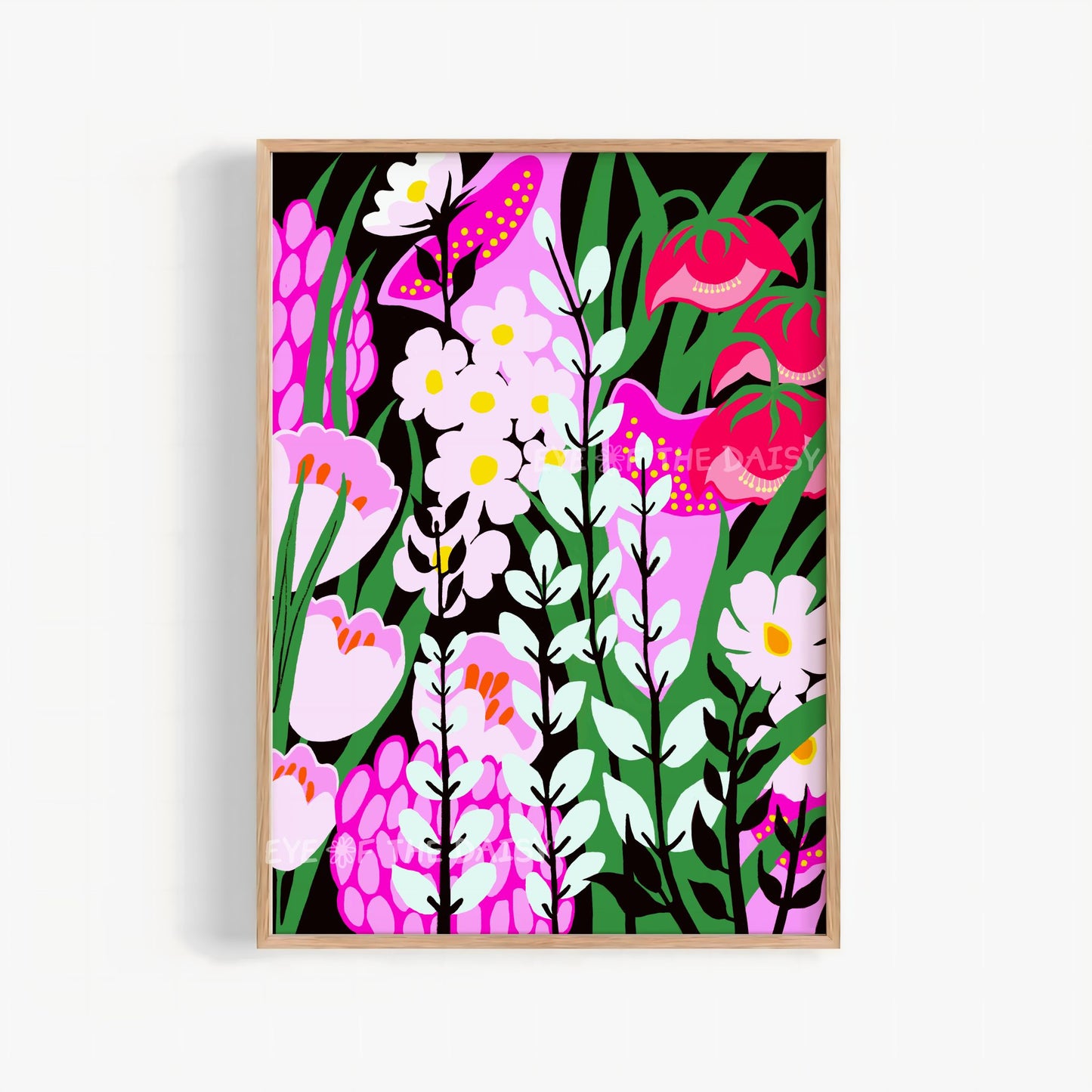 Whimsical floral digital print – pink, green black abstract botanical poster, printable wall art for quirky home decor