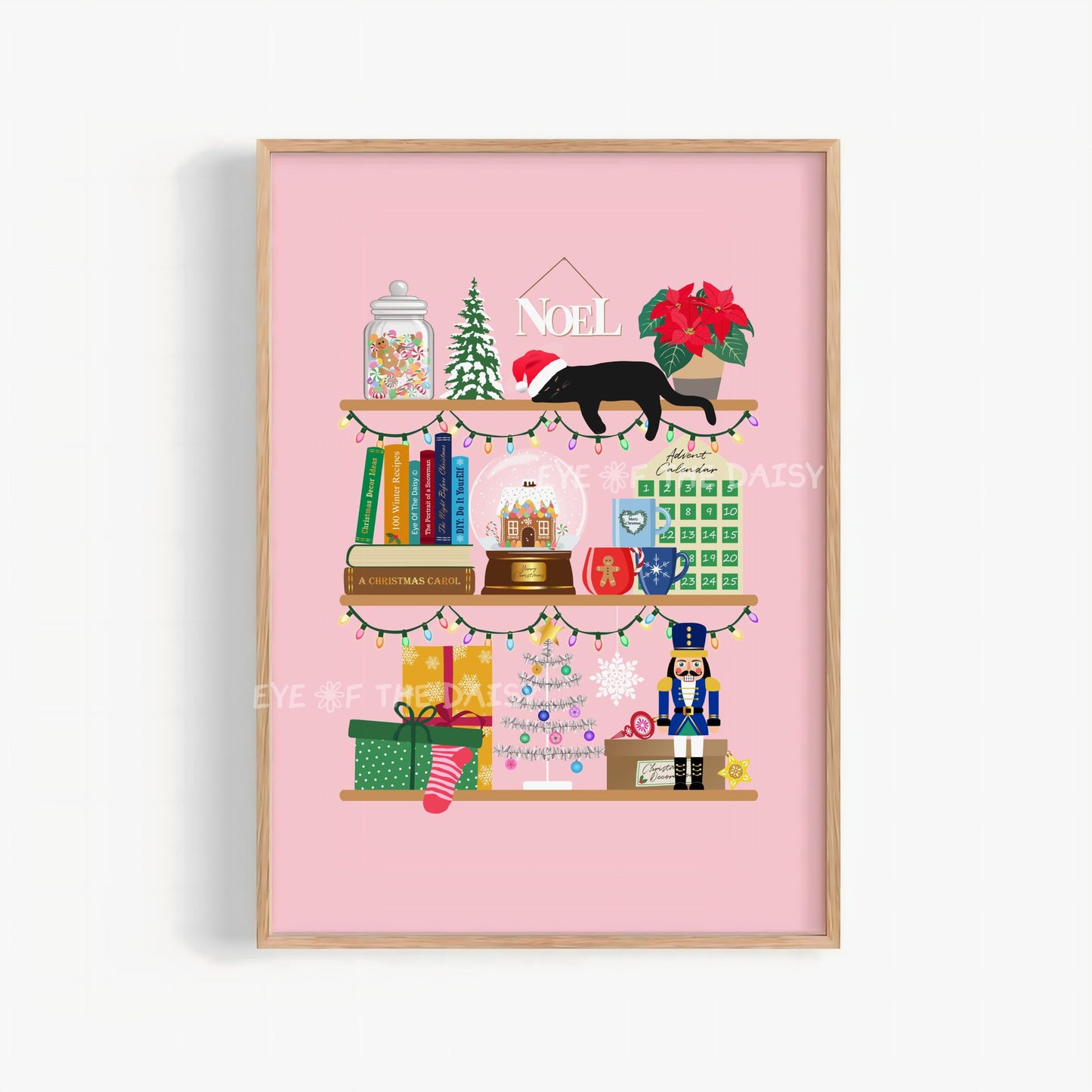 Pink Holiday Shelves Print Digital Download | Christmas Bookshelf Printable Wall Art
