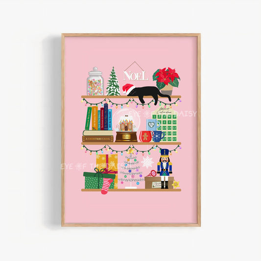 Pink Holiday Shelves Print Digital Download | Christmas Bookshelf Printable Wall Art