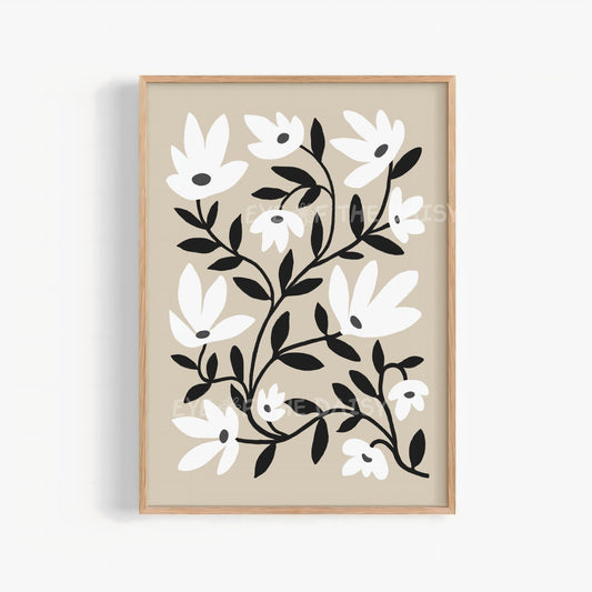 Neutral Abstract Floral Printable Wall Art | Black White and Beige Botanical Print Digital Download