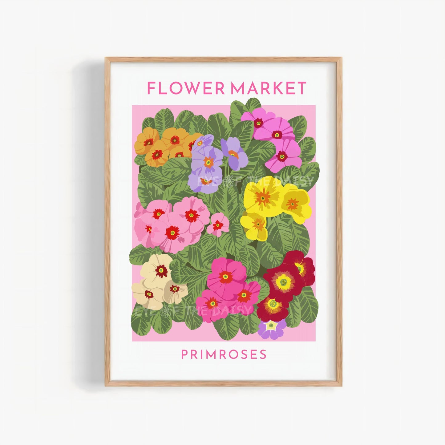 Trendy Flower Market poster, abstract floral printable wall art of colourful, hand drawn primrose flowers on pink