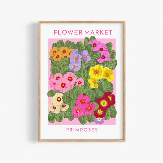 Trendy Flower Market poster, abstract floral printable wall art of colourful, hand drawn primrose flowers on pink