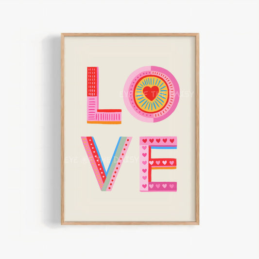 Vibrant LOVE print digital download with patterned lettering, retro and trendy poster for bedrooms or dorms