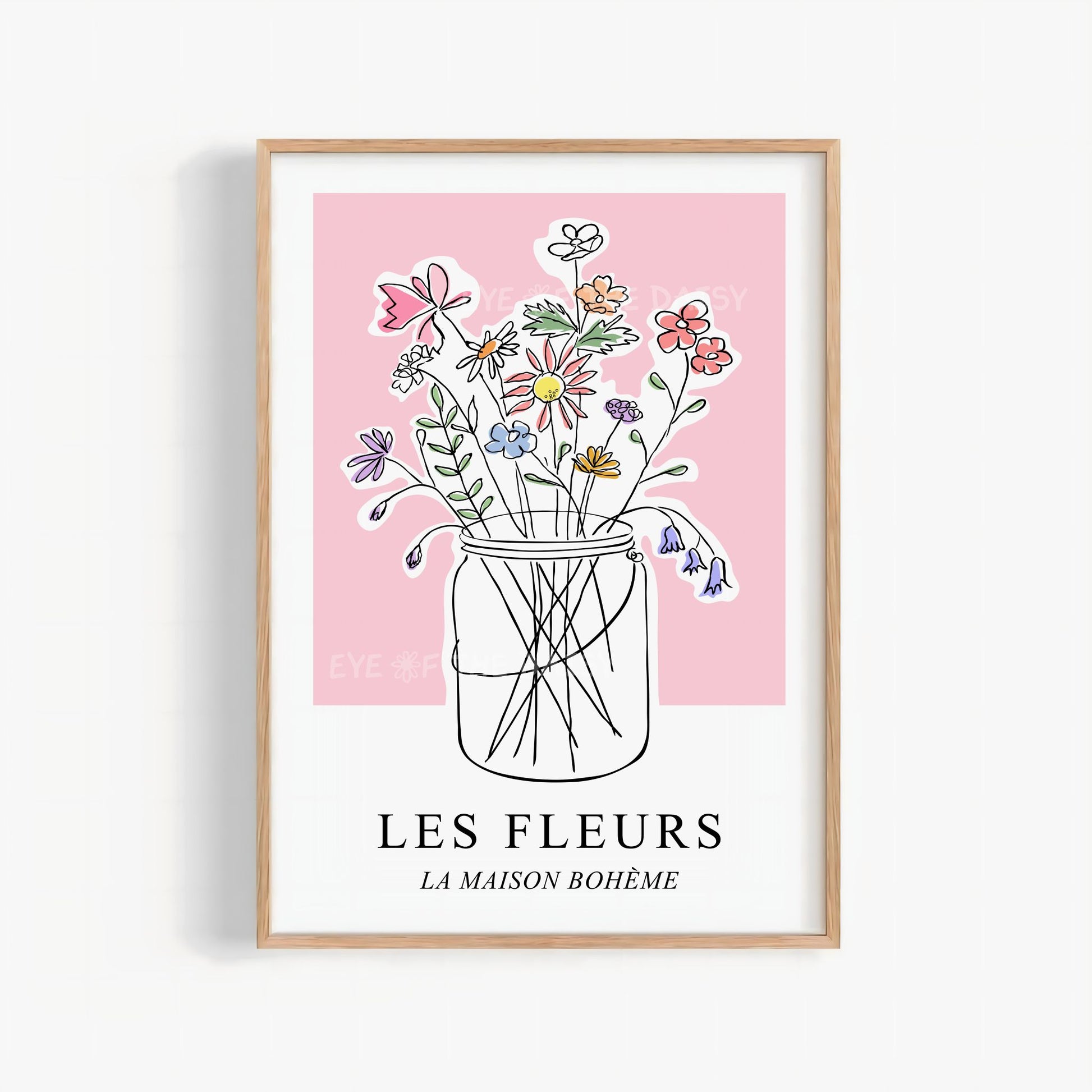 Pastel botanical wall art print of a hand drawn sketch of a jar of flowers on a pink background, featuring the text 'Les Fleurs'