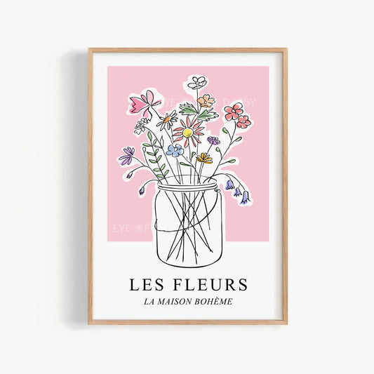 Pastel botanical wall art print of a hand drawn sketch of a jar of flowers on a pink background, featuring the text 'Les Fleurs'